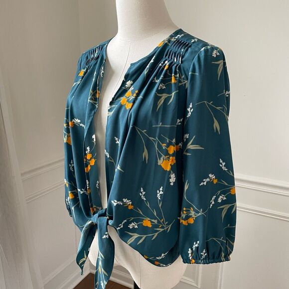 Collective Concept Stitch Fix Open Front Knotted Green Floral Blouse M Petite - Picture 6 of 9